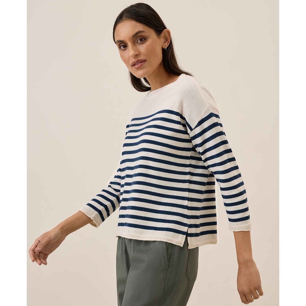 Pact Sweater Classic Fine Knit Wide Neck Laguna Stripe Navy Cream Medium